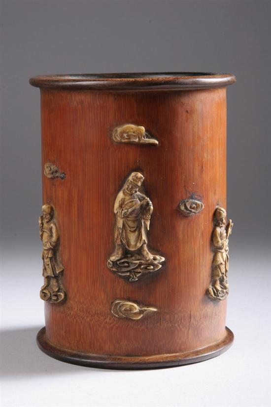 Appraisal: CHINESE BRUSH HOLDER Applied with bone figures of immortals -