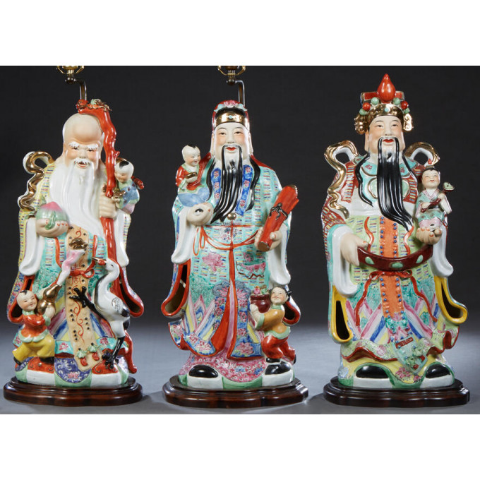 Appraisal: Three Large Chinese Polychromed Porcelain Figures of the Star Gods