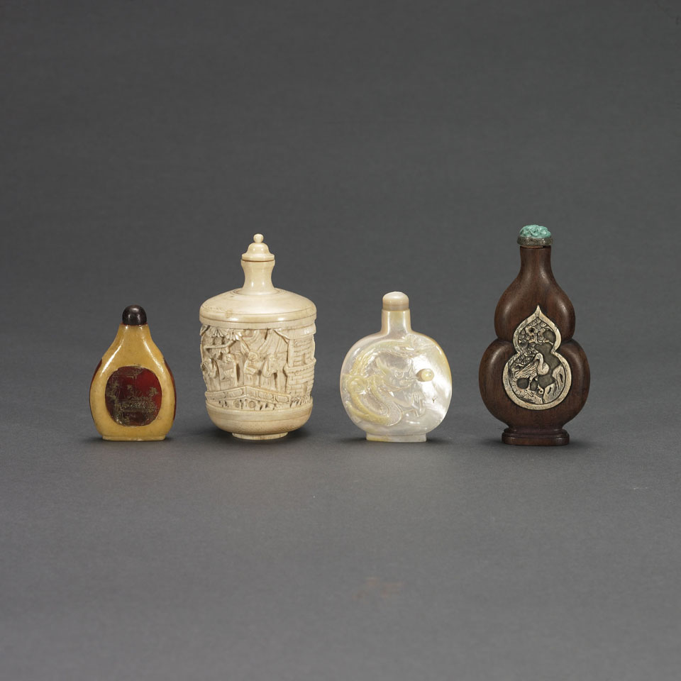 Appraisal: Four Snuff Bottles of various shapes in wood ivory and