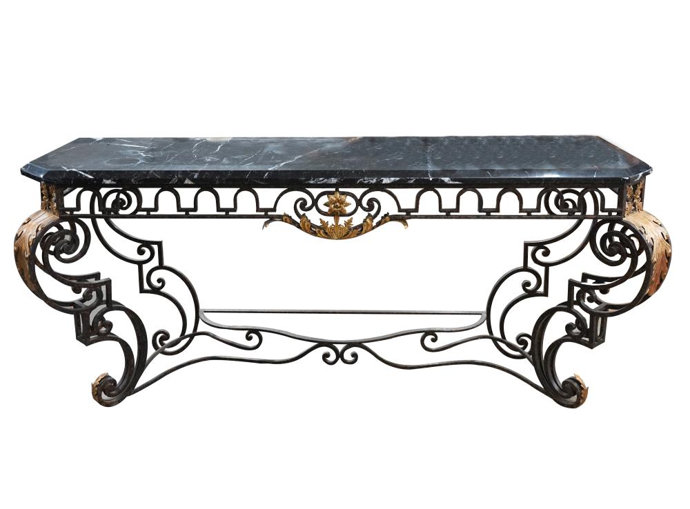 Appraisal: IRON MARBLE-TOP CONSOLE TABLEwith gilt accents Provenance Chuck Fries Godfather