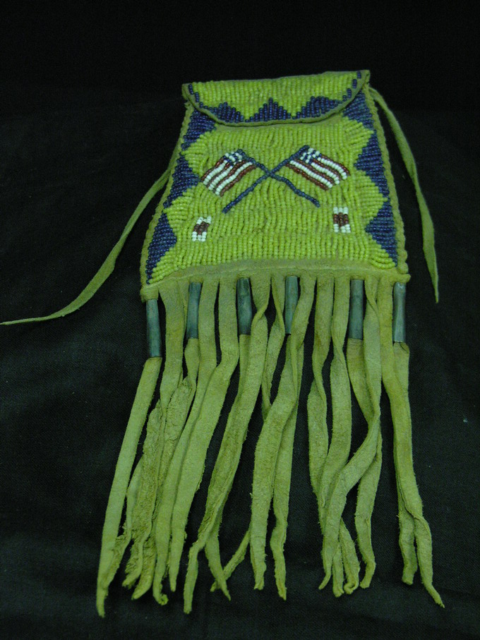 Appraisal: NATIVE AMERICAN BEADED BAG Leather hand sewn bag with sinew