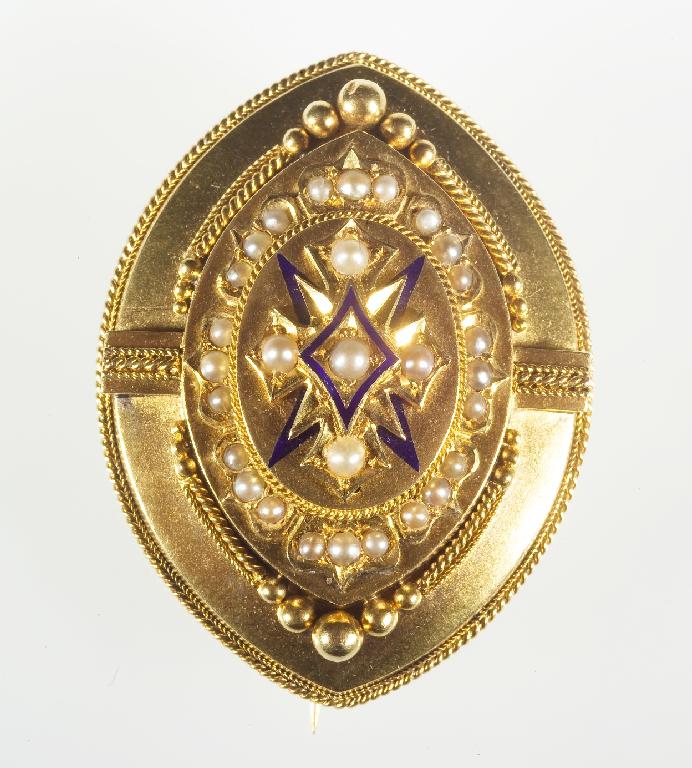 Appraisal: MID VICTORIAN GOLD ENAMEL AND PEARL LOCKET BROOCH c the