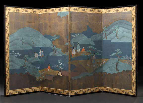 Appraisal: Japanese Four-Fold Paper Standing Screen Meiji period - decorated in