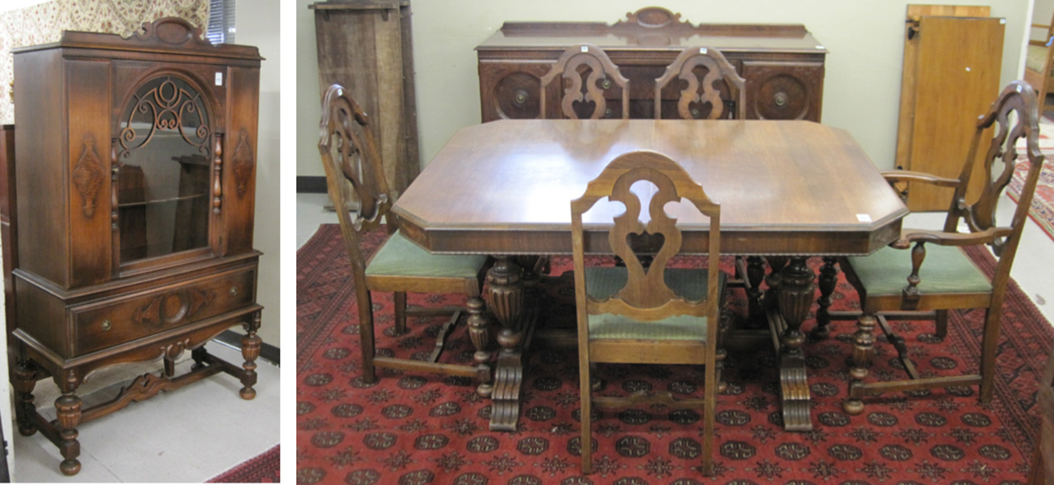 Appraisal: NINE-PIECE WALNUT DINING ROOM FURNITURE SET American c s comprising