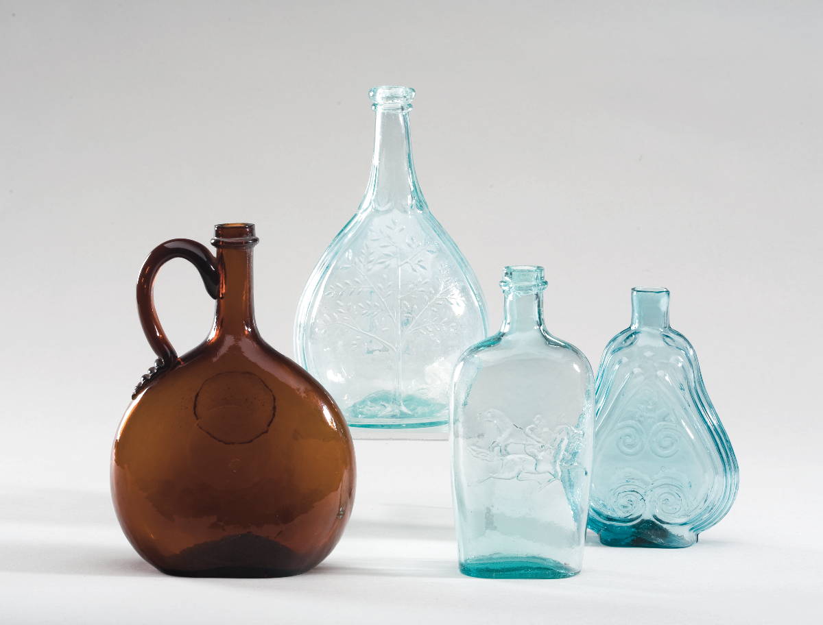 Appraisal: THREE AQUAMARINE GLASS FLASKS COMPRISING A GIX- quot SCROLL quot