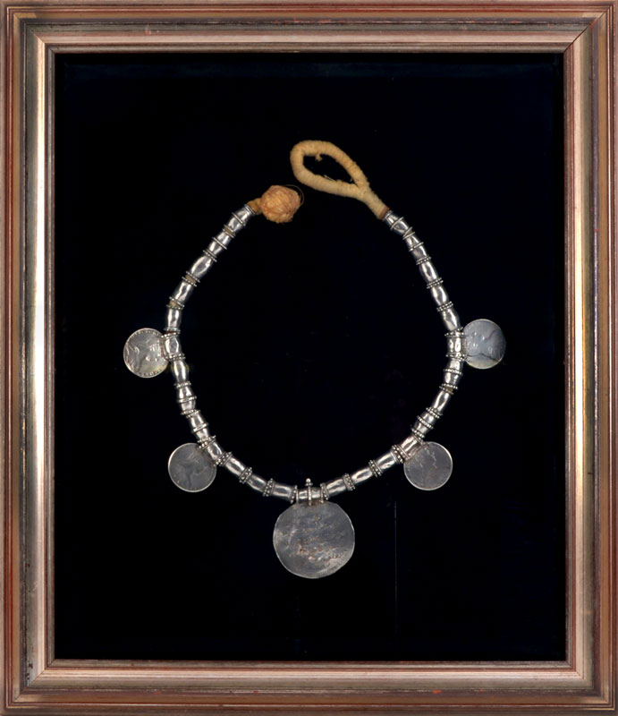 Appraisal: FRAMED ARABIC SILVER COIN MEDALLION NECKLACE Late th to early