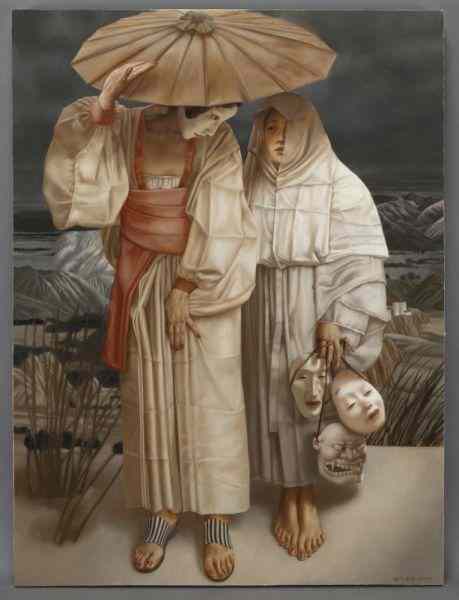 Appraisal: Lui Liu ''Geisha and Woman holding Masks''oil on canvas Signed