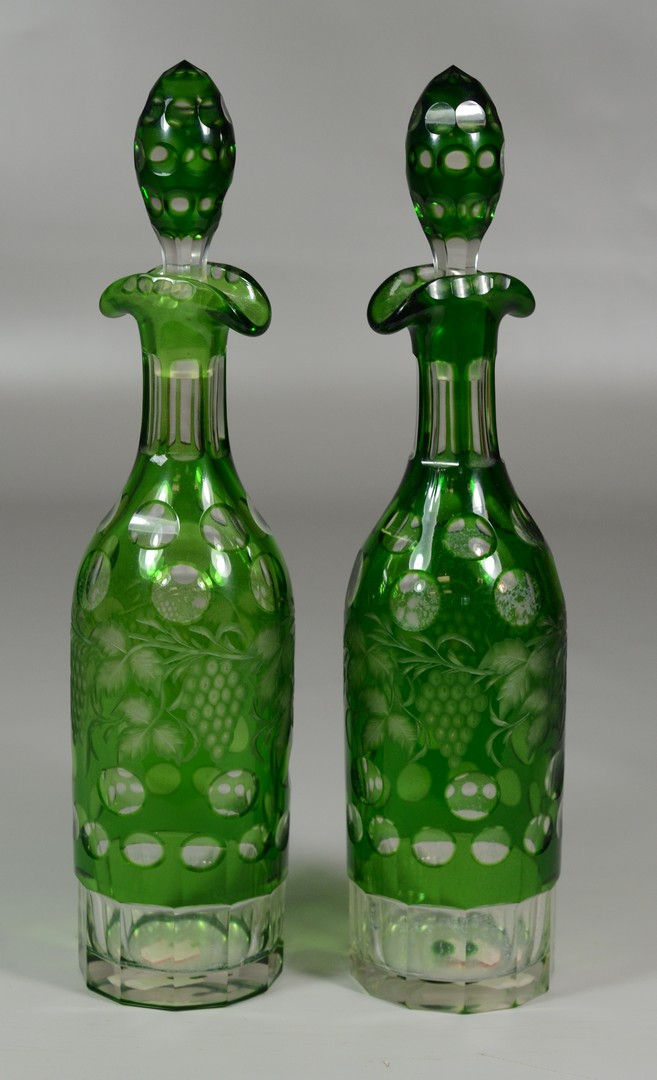 Appraisal: Pair of Bohemian cut crystal overlay bottles green cut to