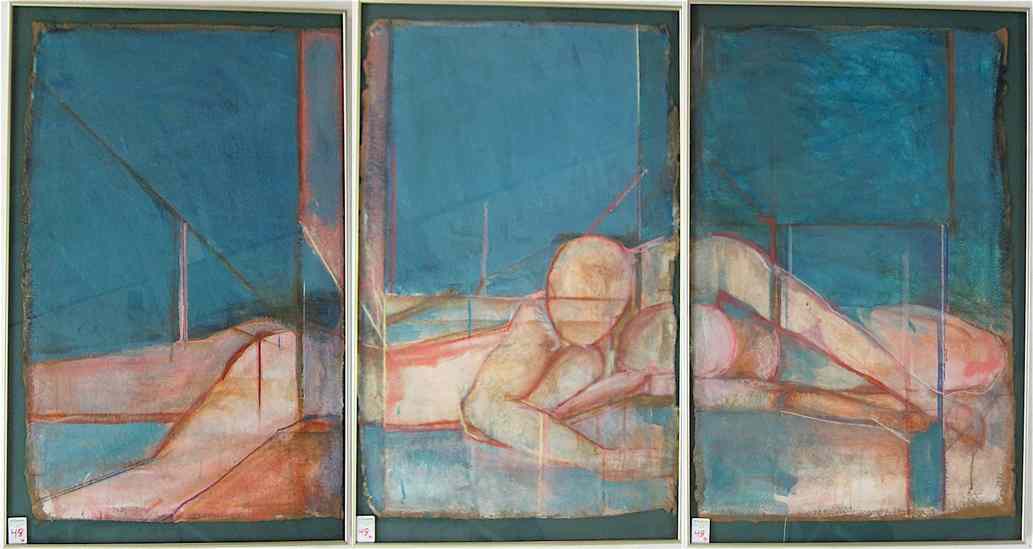 Appraisal: MICHELLE BIEHLER MIXED MEDIA TRIPTYCH Portland Oregon th century Reclining