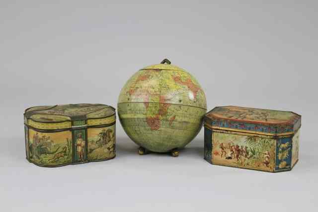 Appraisal: TRIO OF TRAVEL THEME BISCUIT TINS Lithographed Tinplate comprising Huntley