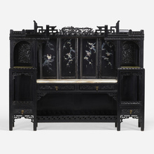 Appraisal: Aesthetic Movement Sideboard England c lacquered wood marble mother-of-pearl brass