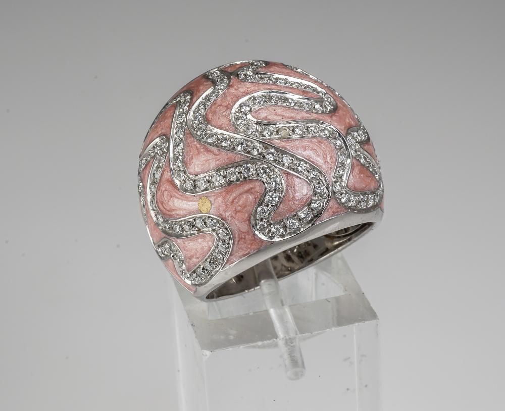 Appraisal: ITALIAN -KARAT WHITE-GOLD PINK ENAMEL AND DIAMOND RINGItalian -Karat White-Gold