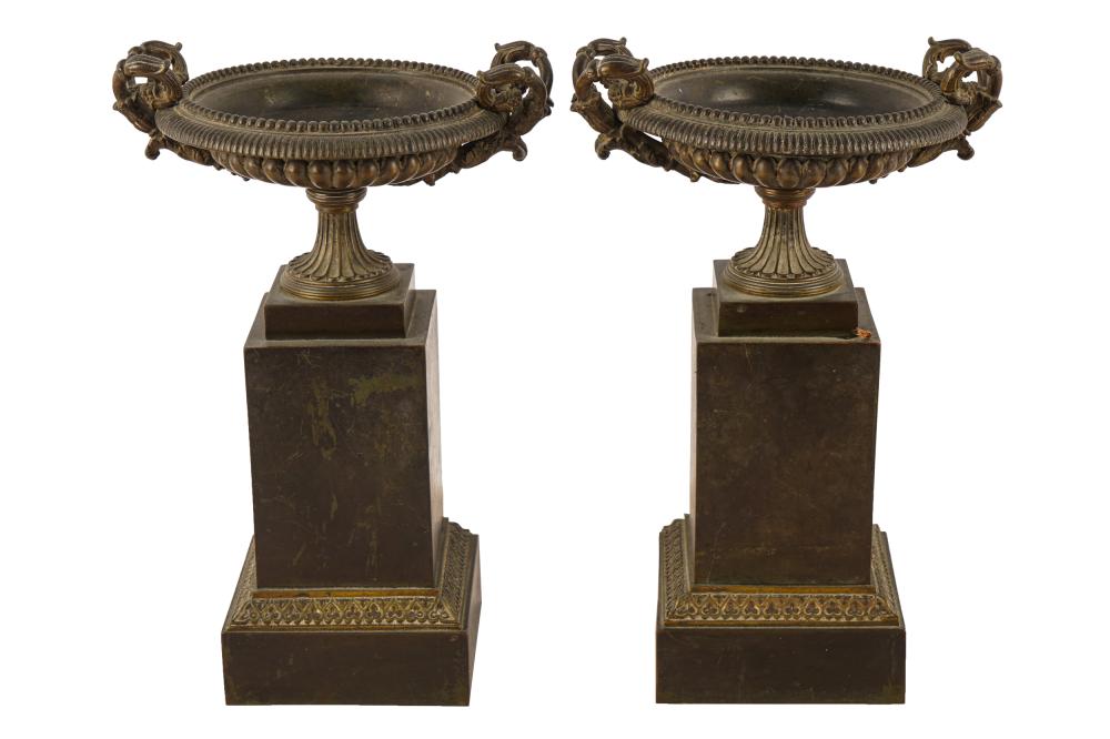 Appraisal: PAIR OF FRENCH NEOCLASSIC STYLE TAZZEeach bronze compote mounted on