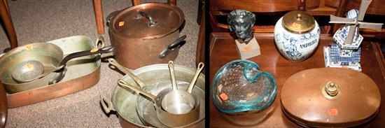 Appraisal: Group of assorted copper cooking utensils art glass swan dish