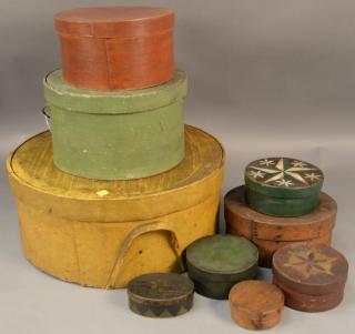 Appraisal: Group of nine bentwood boxes to include large yellow painted