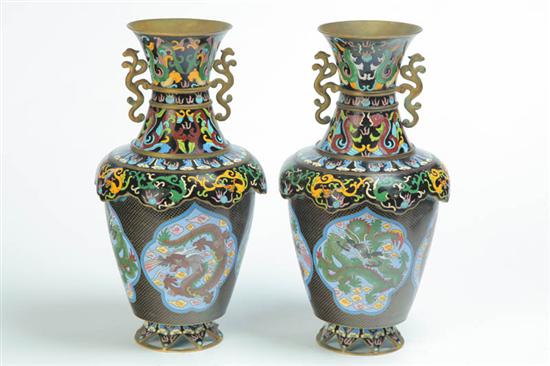 Appraisal: PAIR OF CLOISONNE VASES China th century Black ground with