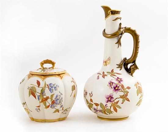 Appraisal: Royal Worcester porcelain floral-painted pitcher and biscuit jar dated and