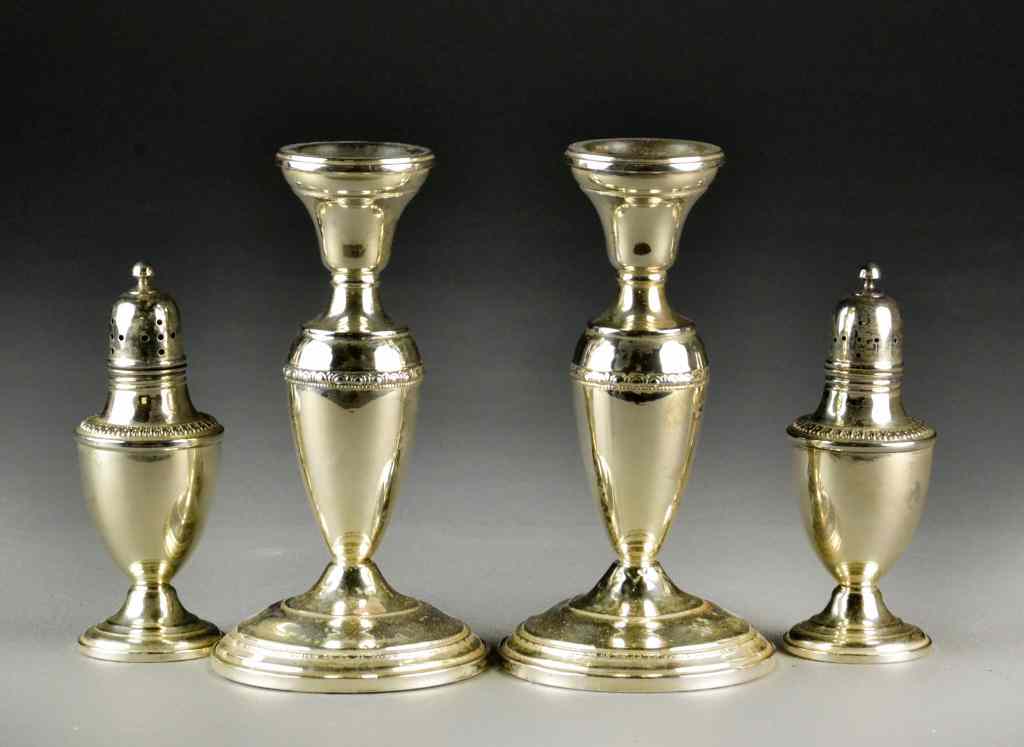 Appraisal: Sterling Candlesticks and Salt Pepper ShakersPair of Hamilton matching weighted