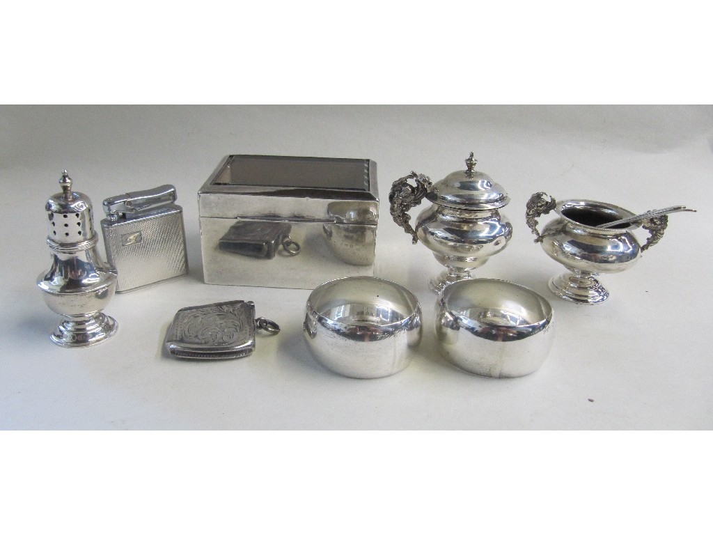 Appraisal: Lot comprising silver mounted jewellery box silver condiments napkin rings