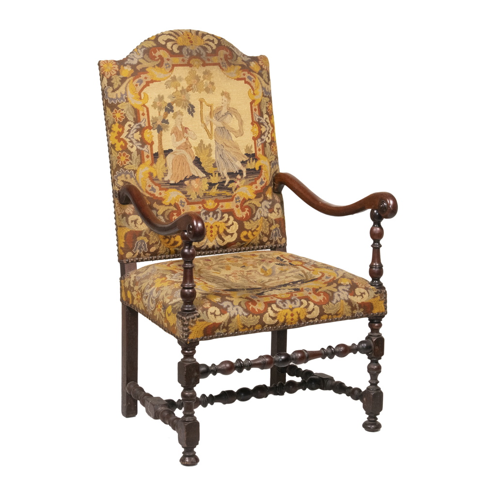 Appraisal: PERIOD WILLIAM AND MARY NEEDLEPOINT UPHOLSTERED ARMCHAIR Large Tall Back