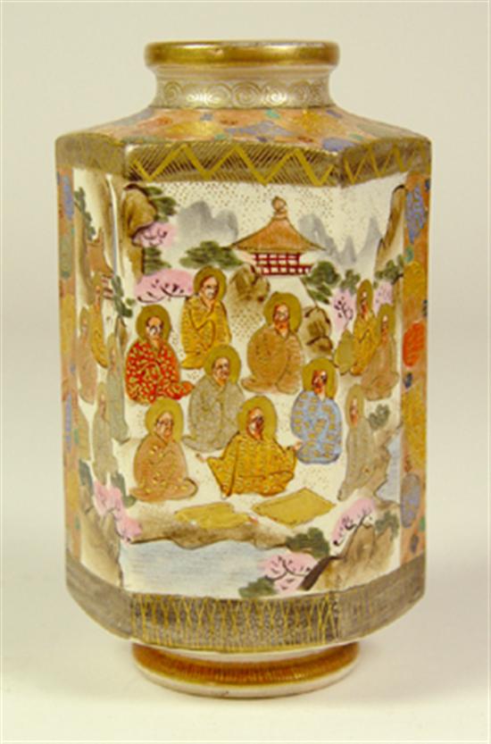 Appraisal: Japanese Satsuma Hexagon Vase Late th Century Depicts noblemen in