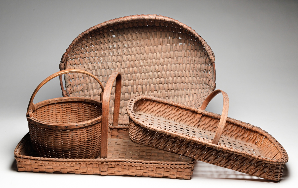 Appraisal: FOUR AMERICAN BASKETS Early th century Woven splint and bentwood