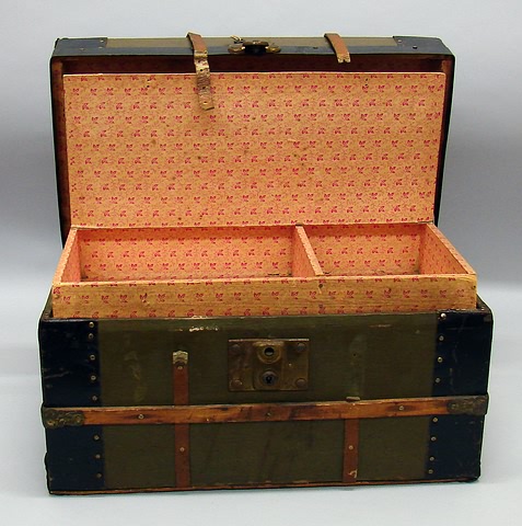 Appraisal: Trunk Flat top wooden trunk with leather trim damage Small