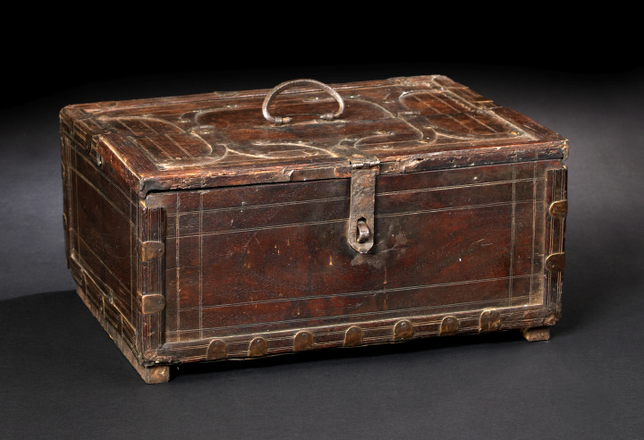 Appraisal: Interesting Indonesian Iron-Bound Hardwood Chest th century the rectangular box