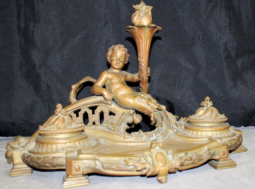 Appraisal: Bronze Figural Inkwell Signed Van De Voorde From a Westport