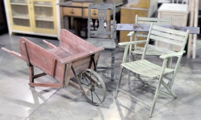 Appraisal: Red Painted Wooden Wheel Barrow x x Along with two