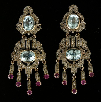 Appraisal: Georgian-Inspired Ear Pendants Set with Diamonds Aquamarines and Rubies Fashioned