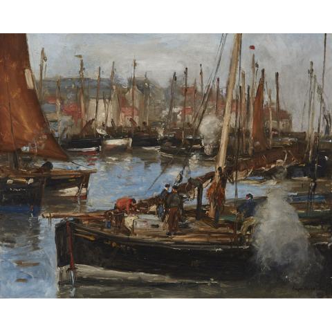 Appraisal: Eugen Dekkert - PORT SCENE WITH MEN UNLOADING THEIR CATCH