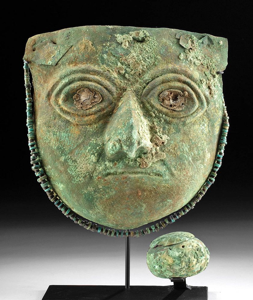 Appraisal: Moche Copper Mask Jar w Turquoise Silver Necklace Pre-Columbian northern