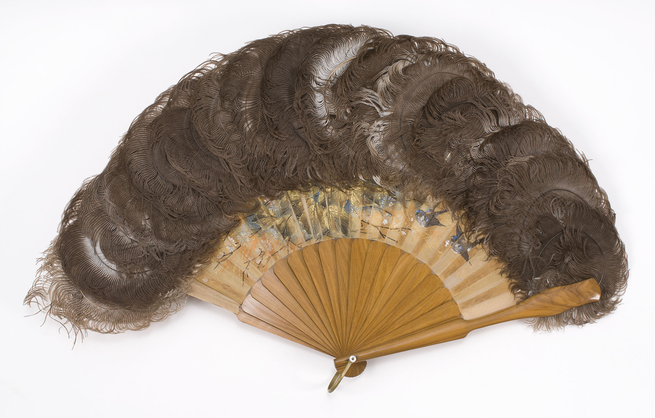 Appraisal: HAND-PAINTED SILK WOOD AND OSTRICH FEATHER FOLDING FAN Late th