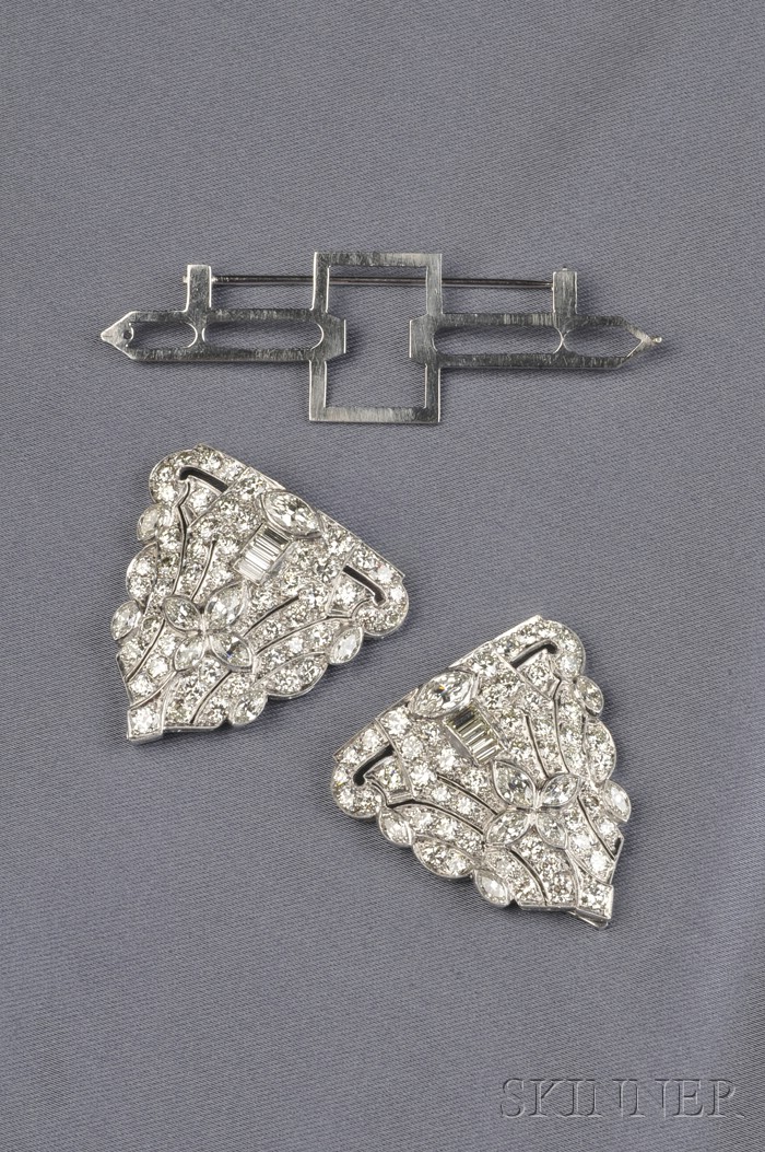 Appraisal: Art Deco Platinum and Diamond Dress Clips each clip set