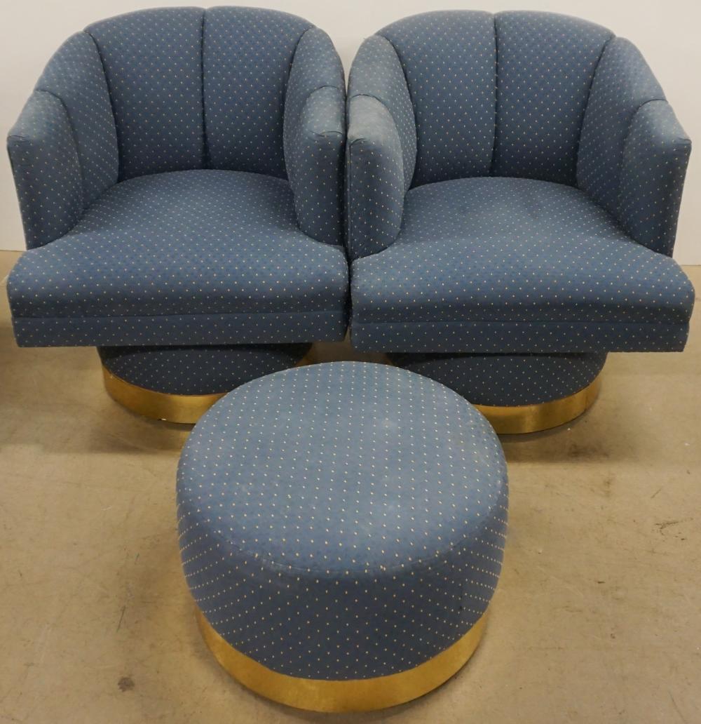 Appraisal: Pair of Modern Blue Upholstered Revolving Lounge Chairs with One