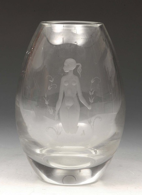 Appraisal: A HOLMEGAARD ETCHED GLASS VASE depicting a nude lady amongst