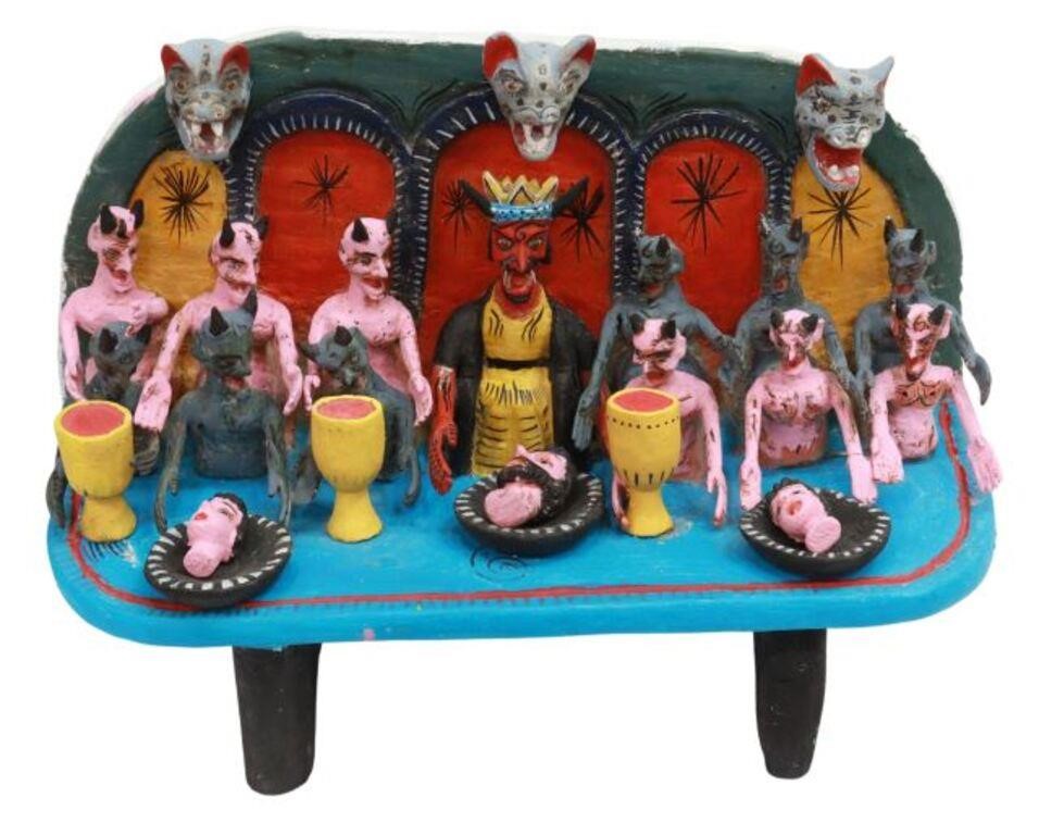 Appraisal: Mexican carved wood and polychrome painted figural group Devils Feast