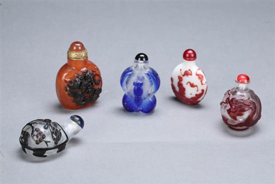 Appraisal: FIVE SNUFF BOTTLES Peking glass snuffs Dragon birds and butterfly