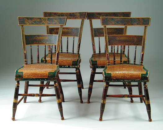 Appraisal: FINE SET OF FOUR PAINT DECORATED SIDE CHAIRS The backs