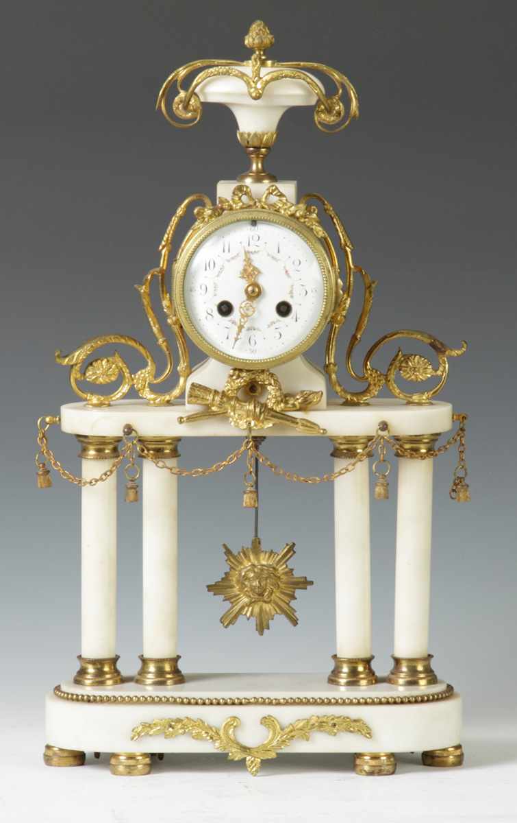 Appraisal: French Portico Shelf Clock th Cent Bronze gilded mounts porcelain