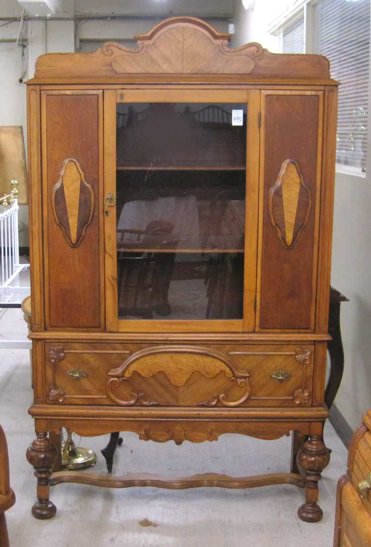 Appraisal: WALNUT CHINA CABINET ON STAND American c 's H x