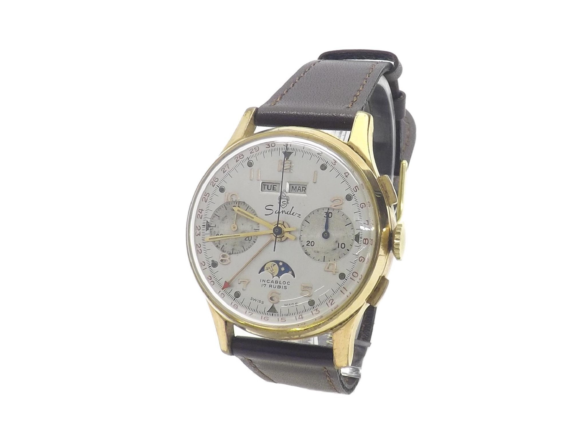 Appraisal: Sandoz chronograph triple calendar with moon phase gold plated gentleman's