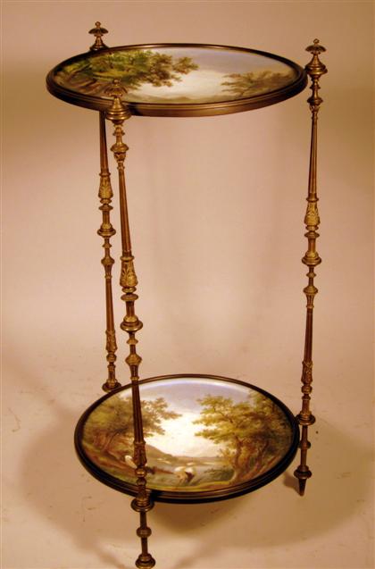 Appraisal: Continental gilt brass and painted glass etagereThe two painted glass