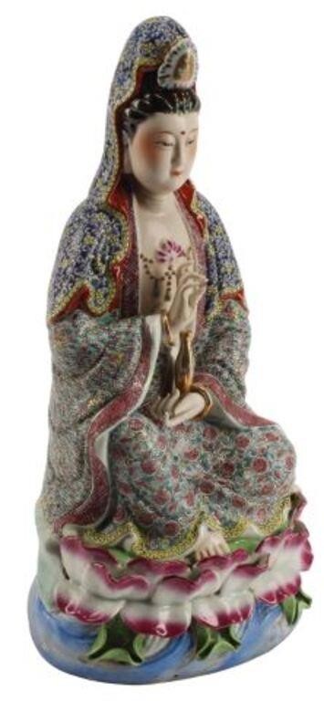 Appraisal: Chinese enameled porcelain seated Guan Yin impressed mark underfoot approx