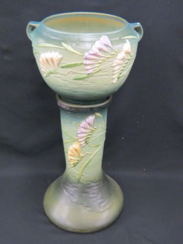 Appraisal: Roseville Pottery Freesia Jardiniere Pedestalgreen jardiniere - overall tall excellent