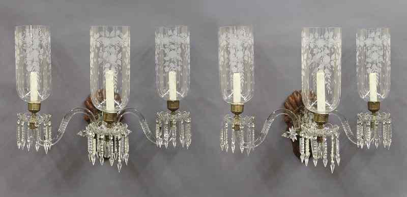 Appraisal: Pr Continental glass three-light wall sconceseach with three curved arms