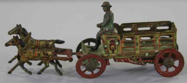 Appraisal: HORSE DRAWN WAGON PENNY TOY Fischer lithographed German stake wagon