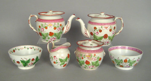 Appraisal: Staffordshire strawberry decorated teawares th c comprising two ovoid teapots