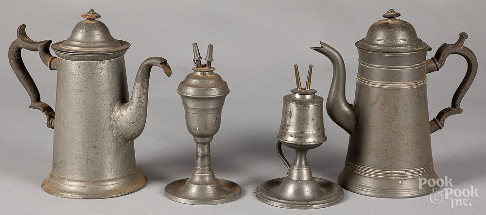 Appraisal: Two American pewter coffee pots th c Two American pewter